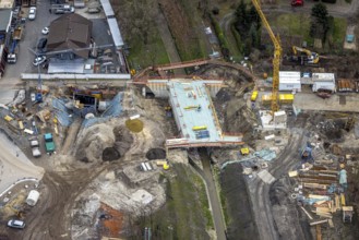 Aerial view, construction site bridge over the main canal at Erlenstraße, Schwarze Heide,