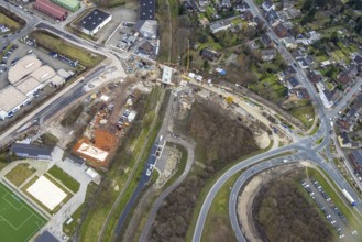 Aerial view, A3 motorway junction Oberhausen-Holten, construction site feeder road, Schwarze Heide,