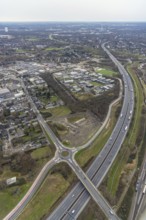 Aerial view, roundabout Weißensteinstraße at the motorway A3, Schwarze Heide, Oberhausen, Ruhr