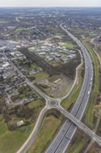 Aerial view, roundabout Weißensteinstraße at the motorway A3, Schwarze Heide, Oberhausen, Ruhr
