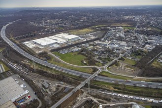 Aerial view, roundabout Weißensteinstraße on the A3, Edeka central warehouse Oberhausen, Schwarze