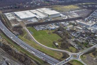 Aerial view, roundabout Weißensteinstraße on the A3, Edeka central warehouse Oberhausen, Schwarze