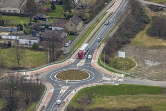 Aerial view, roundabout Weißensteinstraße at the motorway A3, Schwarze Heide, Oberhausen, Ruhr