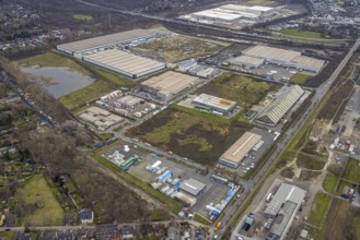 Aerial view, Waldteich business park, construction site between GEODIS Contract Logistics Germany