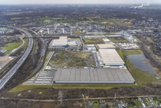 Aerial view, Waldteich business park, construction site between GEODIS Contract Logistics Germany