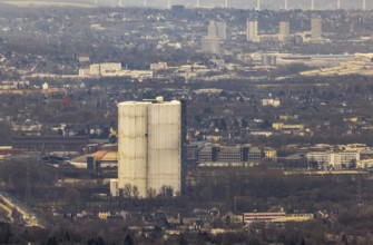 Aerial view, gasometer renovation measures, covered gasometer at CentrO, Borbeck, Oberhausen, Ruhr