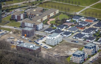 Aerial view, construction site new building, commercial area Zum Steigerhaus, senior citizens'