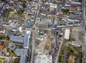 Aerial view, Kleiner Markt Sterkrade, Technisches Rathaus, catholic church St. Clemens, Großer