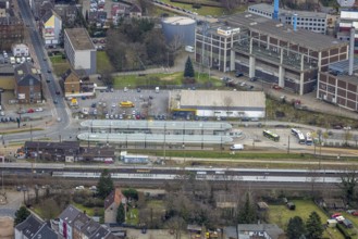 Aerial view, railway station and bus station, biomass cogeneration plant of Energieversorgung