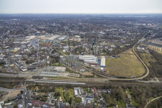Aerial view, railway station and bus station, biomass cogeneration plant of Energieversorgung