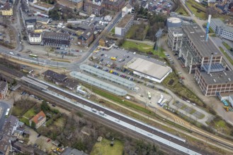 Aerial view, railway station and bus station, biomass cogeneration plant of Energieversorgung