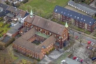Aerial view, catholic monastery Liebfrauenrkirche, Schwarze Heide, Oberhausen, Ruhr area, North