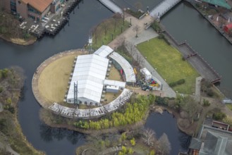 Aerial view, CentrO Beach with tent, Borbeck, Oberhausen, Ruhr area, North Rhine-Westphalia,