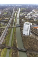 Aerial view, gasometer renovation measures, covered gasometer at CentrO, Rhine-Herne Canal. River