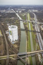 Aerial view, gasometer renovation measures, covered gasometer at CentrO, poster The Emscher is