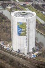 Aerial view, gasometer renovation measures, covered gasometer at CentrO, poster The Emscher is