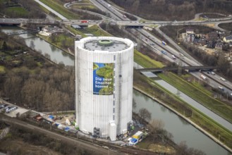 Aerial view, gasometer renovation measures, covered gasometer at CentrO, Rhine-Herne Canal. River