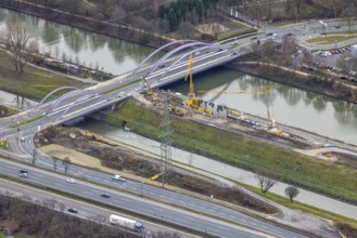 Aerial view, construction site between Rhine-Herne Canal and Emscher, Emscher conversion, bridge