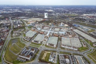 Aerial view, CentrO Oberhausen shopping centre, renovation work on the covered gasometer, Borbeck,