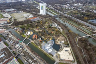 Aerial view, CentrO Oberhausen shopping centre, renovation work on the covered gasometer, Borbeck,