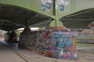 Under a bridge with graffiti on the retaining walls and a river in the background, Am Donaukanal