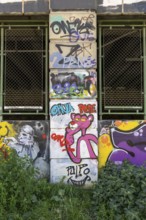 Graffiti with the pink panther on a wall-covered urban scene, Am Donaukanal Innere Stadt Vienna