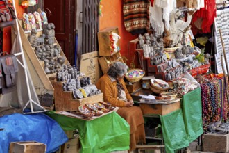 A woman in traditional dress sits at a market stall selling Andean souvenirs, the witches' market