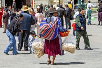 A woman at a market with large bags and a traditional hat, Traditionally dressed woman in the