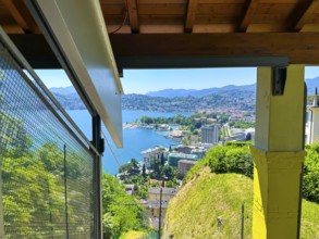 Panoramic View From Funicular Railway over Lake Lugano and Mountain View and Cityscape in a Sunny