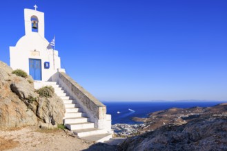 View of Agios Konstantinos church and Livadi bay in the distance, Chora, Serifos Island, Cyclades,