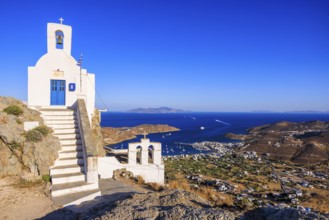 View of Agios Konstantinos church and Livadi bay in the distance, Chora, Serifos Island, Cyclades,