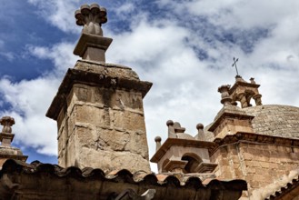 Architectural details of a church under a clear blue sky, San Fransisco Cathedral in La Paz Bolivia