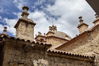 View of an old church with stone details and a blossoming sky, San Fransisco Cathedral in La Paz