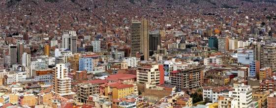 Dense urban development of La Paz with many buildings under a clear sky, The houses and skyscrapers