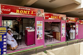 Food stalls with pink awnings and colourful signs, people waiting in a market hall, Small shops and