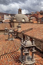 View of the interlocking roofs of a church with the surrounding town, San Fransisco Cathedral in La
