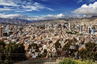 Panorama of La Paz with skyscrapers and hilly landscape under a blue sky, The houses and