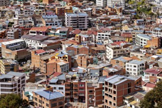 Dense cluster of houses with colourful roofs, The houses and skyscrapers of downtown La Paz in