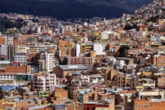 Dense urban development in front of a mountain landscape, The houses and skyscrapers of the city