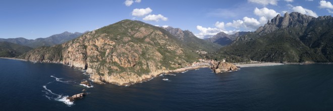 Aerial view, panorama, Capo Rosso, Gulf of Porto, Corsica, France