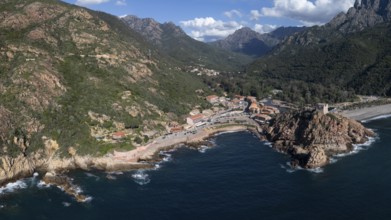 Aerial view, Capo Rosso, Gulf of Porto, Corsica, France