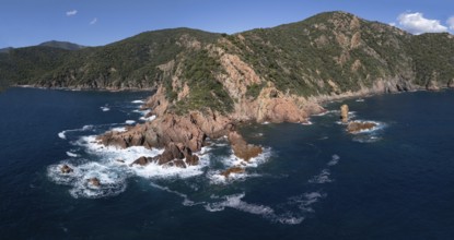 Aerial view, panorama Capo Rosso, Gulf of Porto, Corsica, France