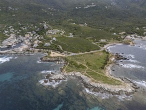 View of Centuri-Port with typical slate-roofed houses, aerial view, Corsica, France