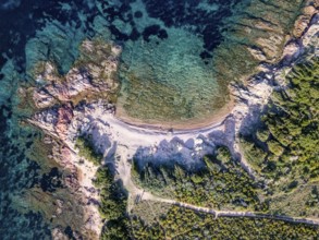 Aerial view, colourful rocks in the sea, rocky bay, Corsica, France