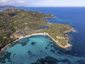 Aerial view, Plage de Rondinara, turquoise sea, sandy beach, bay, Corsica, France