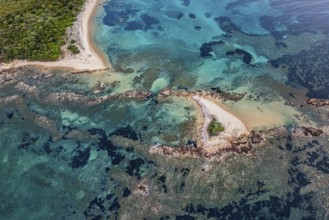 Aerial view, colourful rocks in the sea, rocky bay, Corsica, France