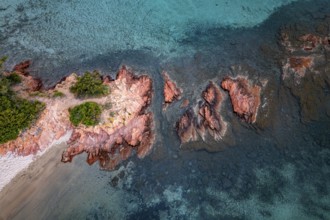 Aerial view, colourful rocks in the sea, rocky bay, Corsica, France