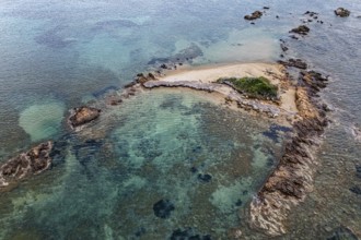 Aerial view, colourful rocks in the sea, rocky bay, Corsica, France
