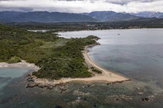 Aerial view, Plage de Rondinara, turquoise sea, sandy beach, bay, Corsica, France