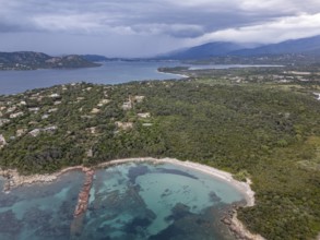 Aerial view, Plage de Rondinara, turquoise sea, sandy beach, bay, Corsica, France